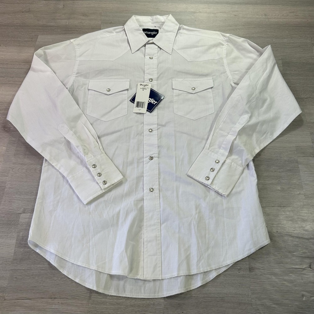Wrangler Shirt Mens Medium White Solid Long Sleeve Western Snap Button Up Cowboy
